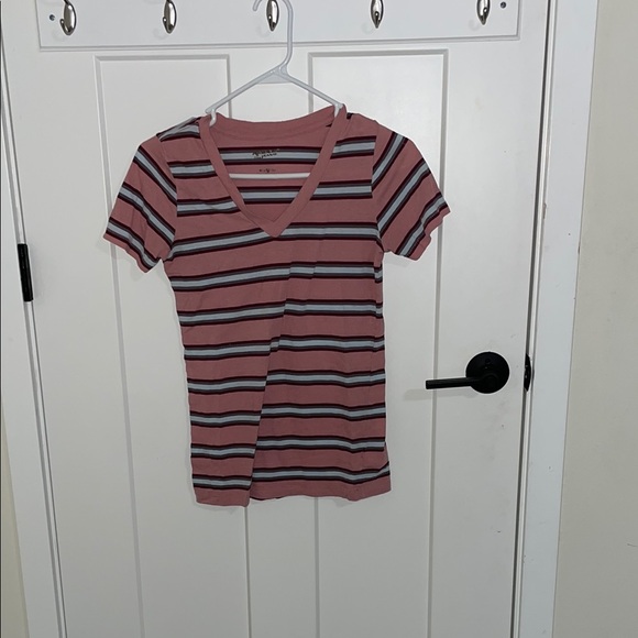 Arizona Jean Company Tops - Fitted Red and Pink Striped V-Neck T-Shirt
